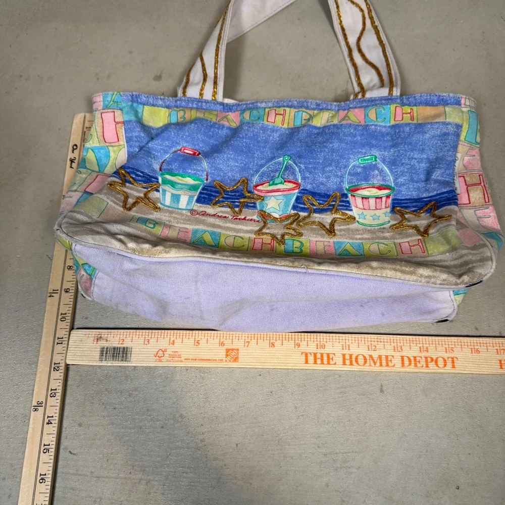 Andrea Tachiera Sun N Sand Beach Canvas Tote Bag Blue Starfish Embroidered Bag